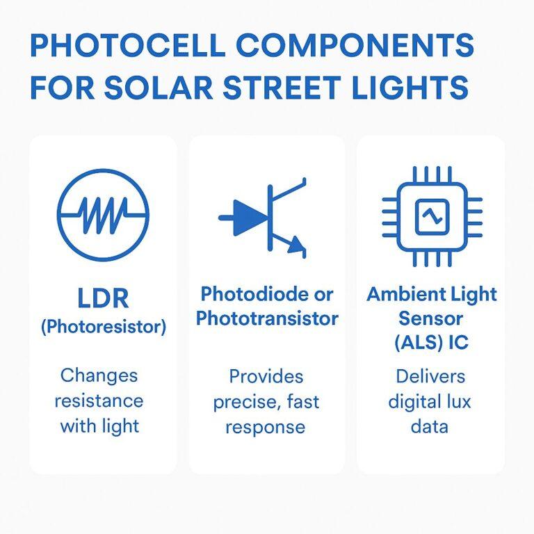 Photocell components for solar street lights—LDR, photodiode/phototransistor, and ambient light sensor for solar street lights (ALS) with roles.