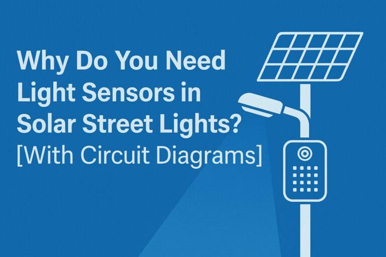 why you need a light sensor for solar street lights—title with solar panel, luminaire, and sensor in brand blue for blog intro.