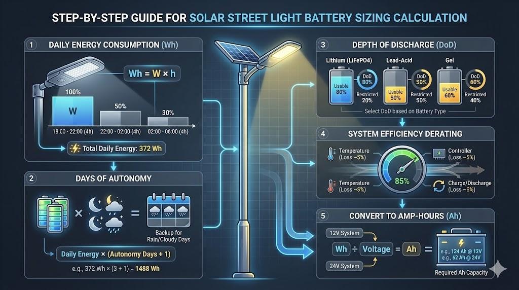solar street light battery sizing calculation step by step