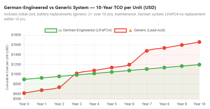 German-Engineered vs Generic System - 10-Year TCO per Unit (USD)
