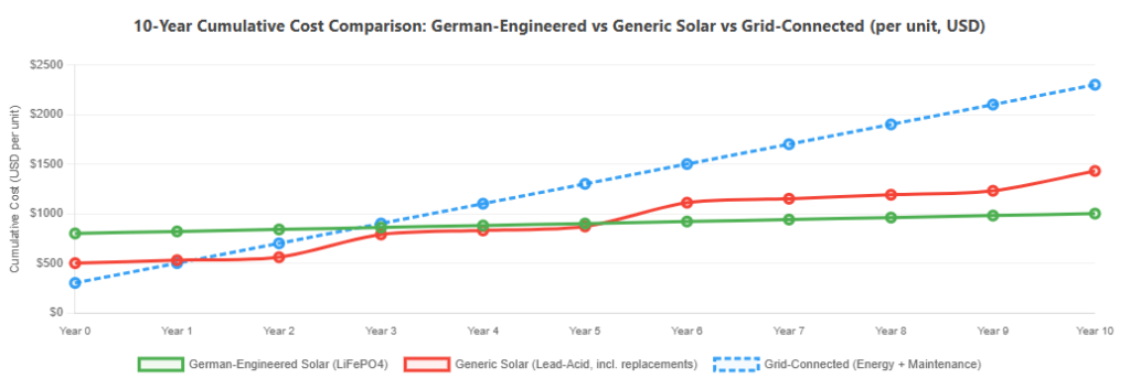 10-Year Cumulative Cost Comparison: German-Engineered vs Generic Solar vs Grid-Connected (per unit, USD)